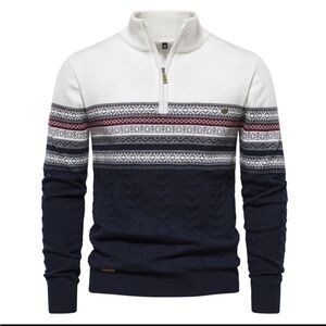 Men's Stylish Zip-Up Sweater - Navy, White, and Red